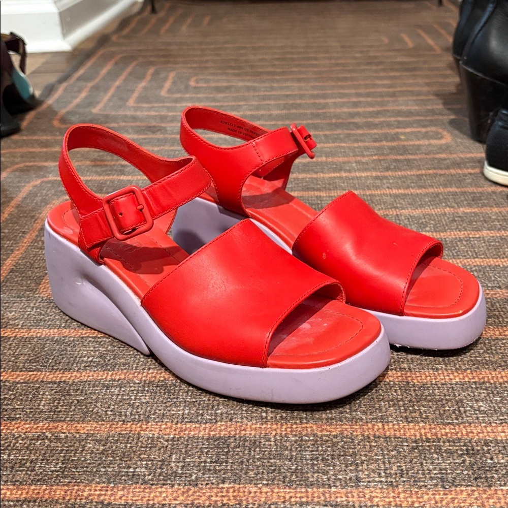 Camper Red Platform Sandals with Purple Soles